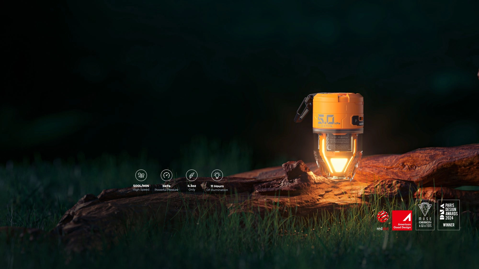 A lit FlexTail lantern glowing in a dark forest clearing